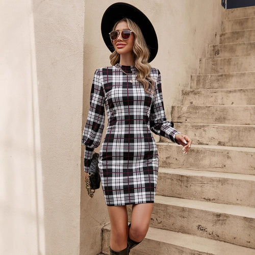 Fitted checkered dress for women with high collar and puff sleeves Amarae