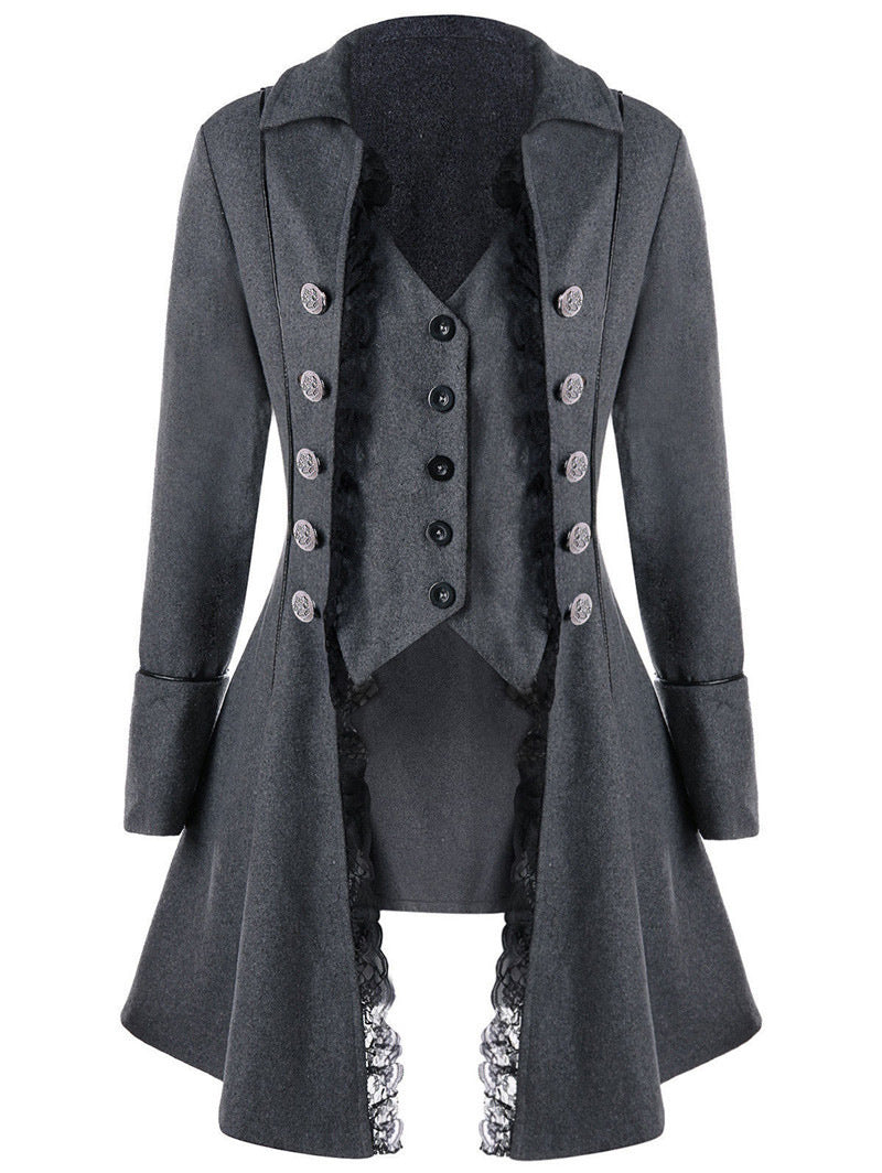 Ladies elegant traditional coat with delicate lace inserts and refined button details Amarael