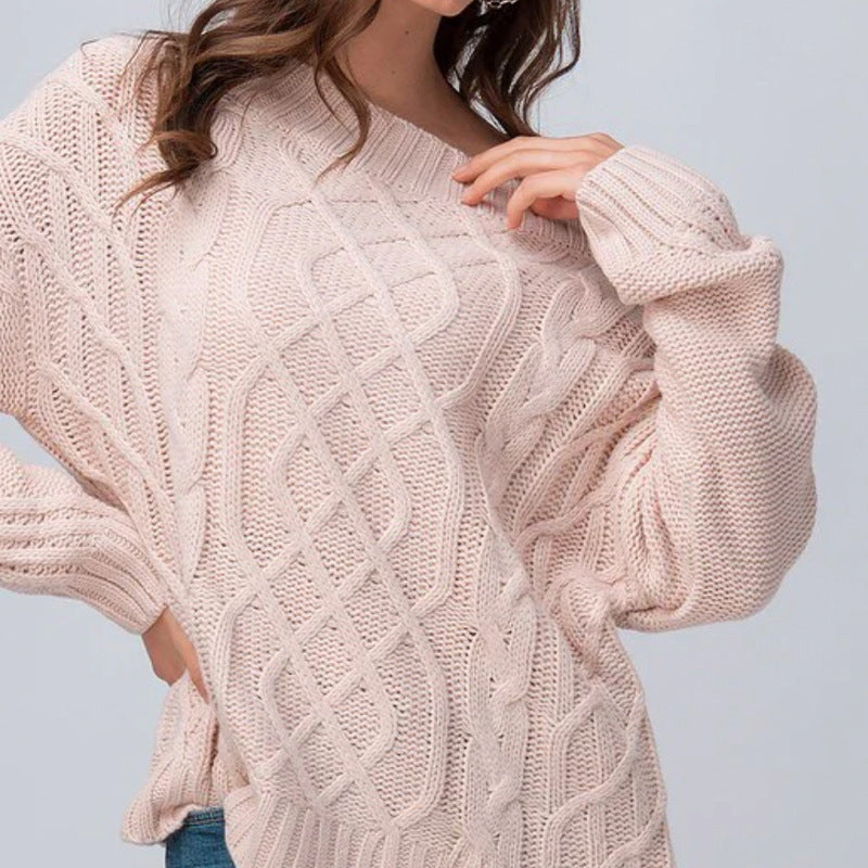 Chunky knit sweater for women with asymmetrical neckline and braided pattern Lune London
