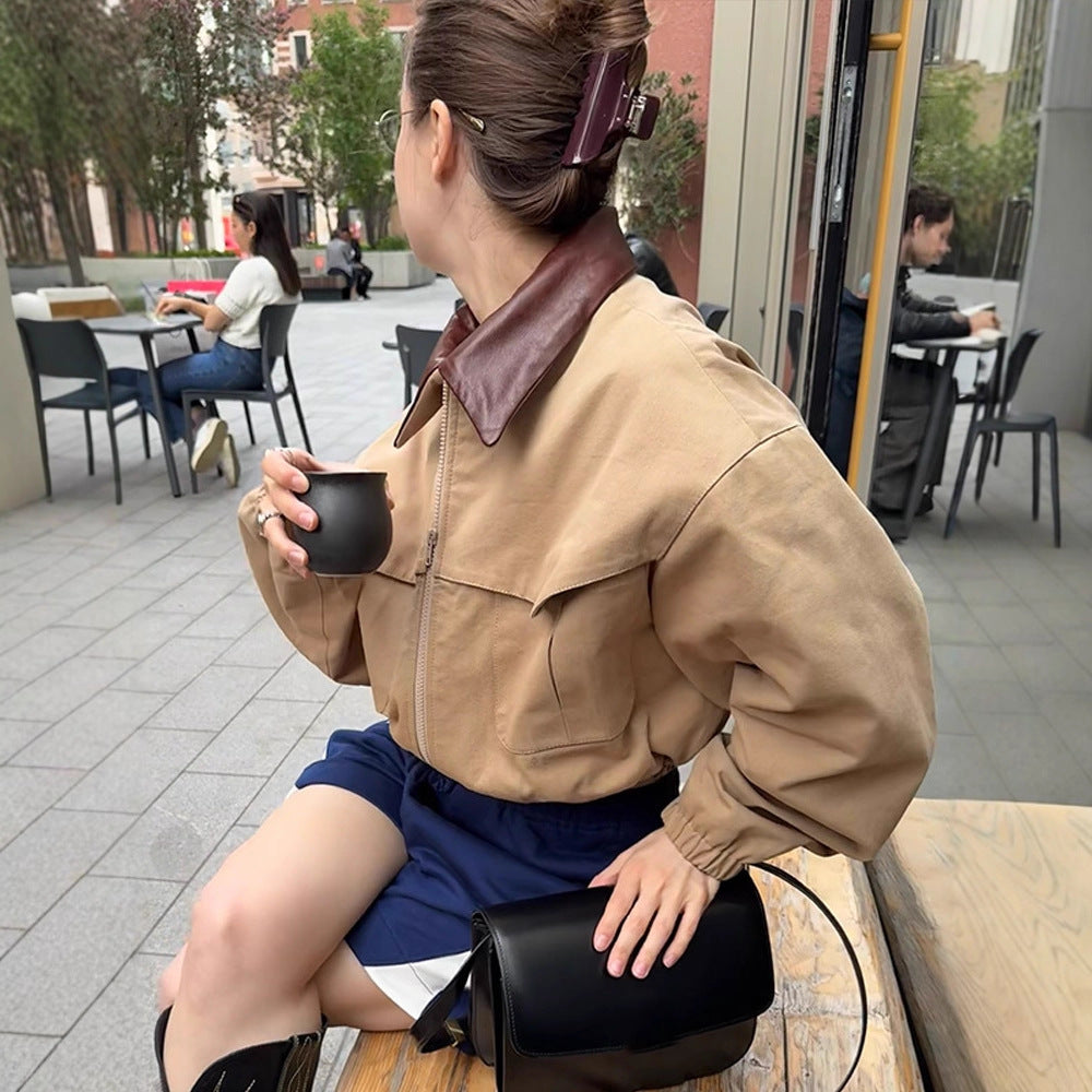 Women's Cropped Bomber Jacket with Contrasted Leather Collar, Zipper and Elastic Hem Amarae