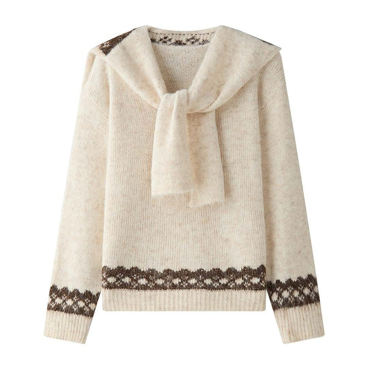 Women's Cozy Fine Knit Pullover with Integrated Shoulder Scarf and Jacquard Hem Amarae