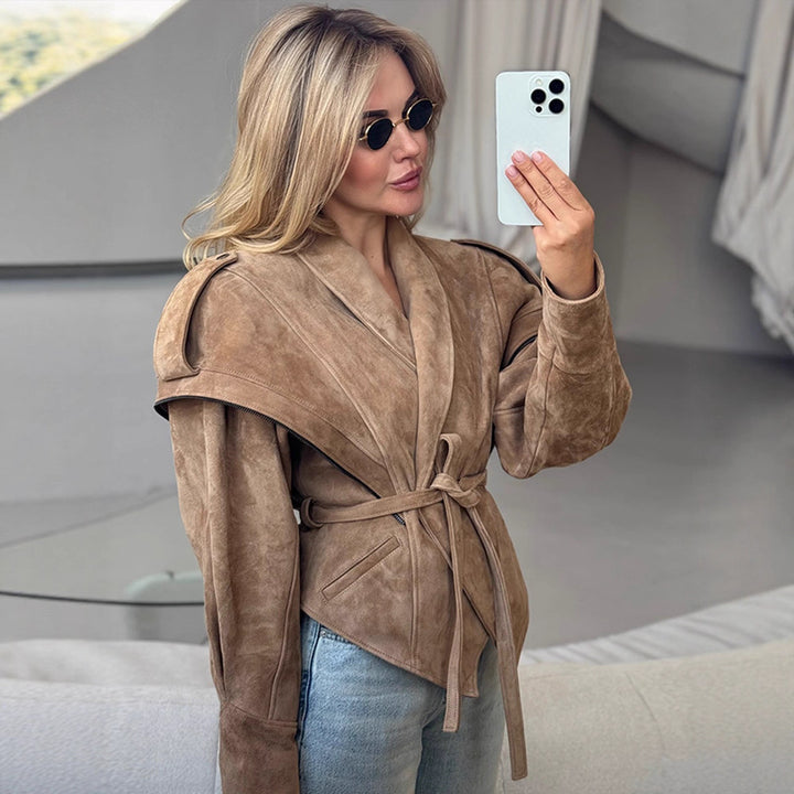 Women's Suede Wrap Jacket with Wide Shawl Collar and Waist Belt Amarae