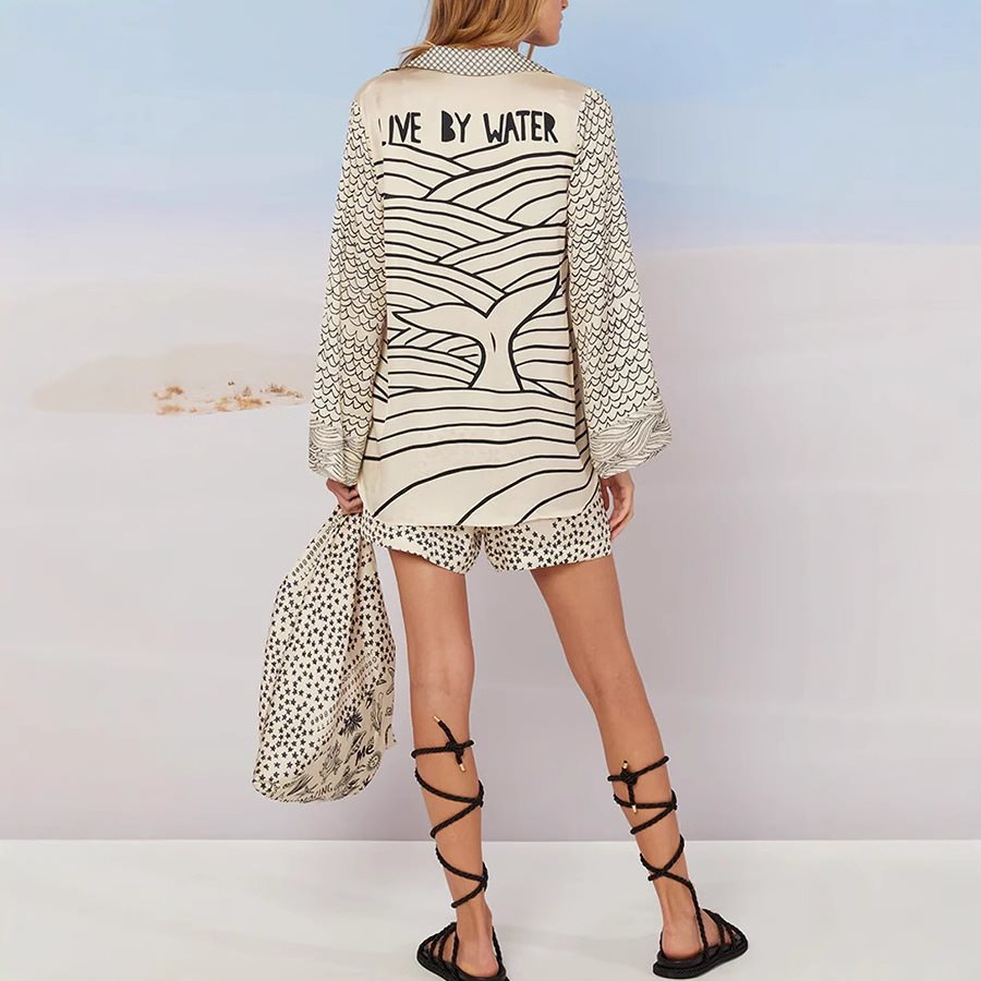Casual beach blouse for women with an artistic nautical print and an elegant V neckline Lune London