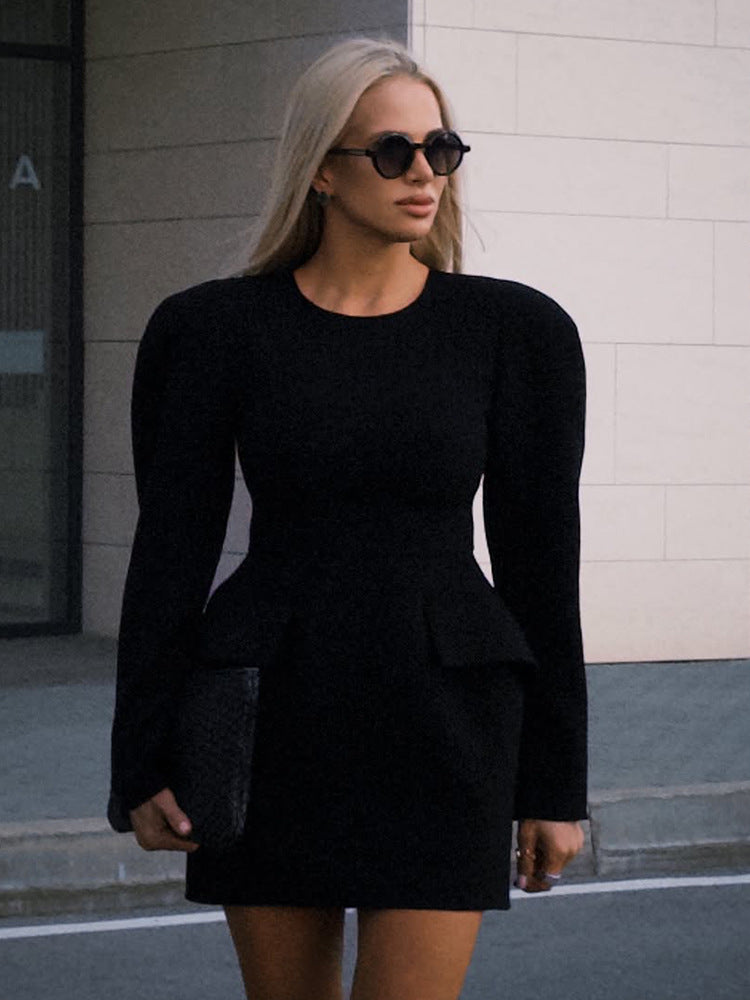 Women Tailored Minidress with Structured Shoulders, Long Sleeves and Suggested Peplum Amarae