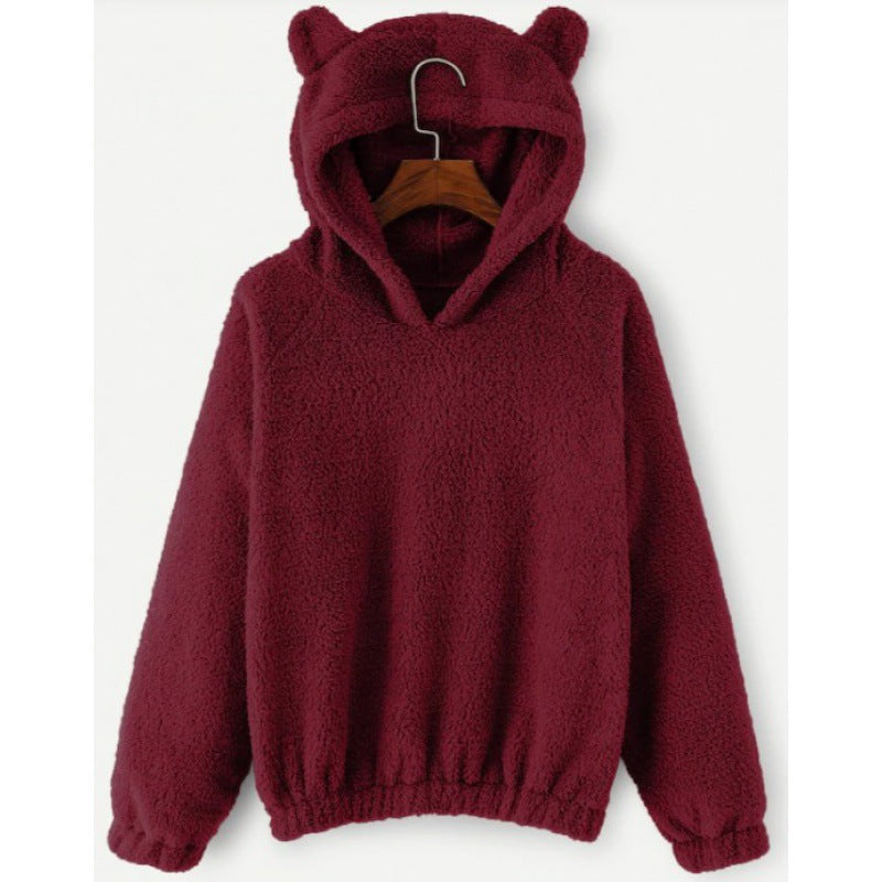 Women's Cozy Teddy Hooded Sweater with Bear Ears and Drawstring Hem Amarae