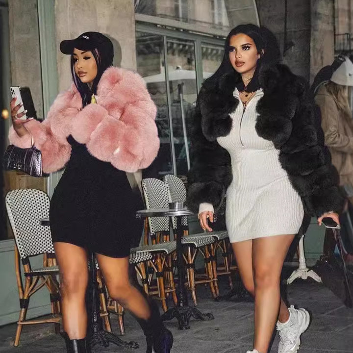 Luxury faux fur jacket for women with voluminous puff sleeves Lune London