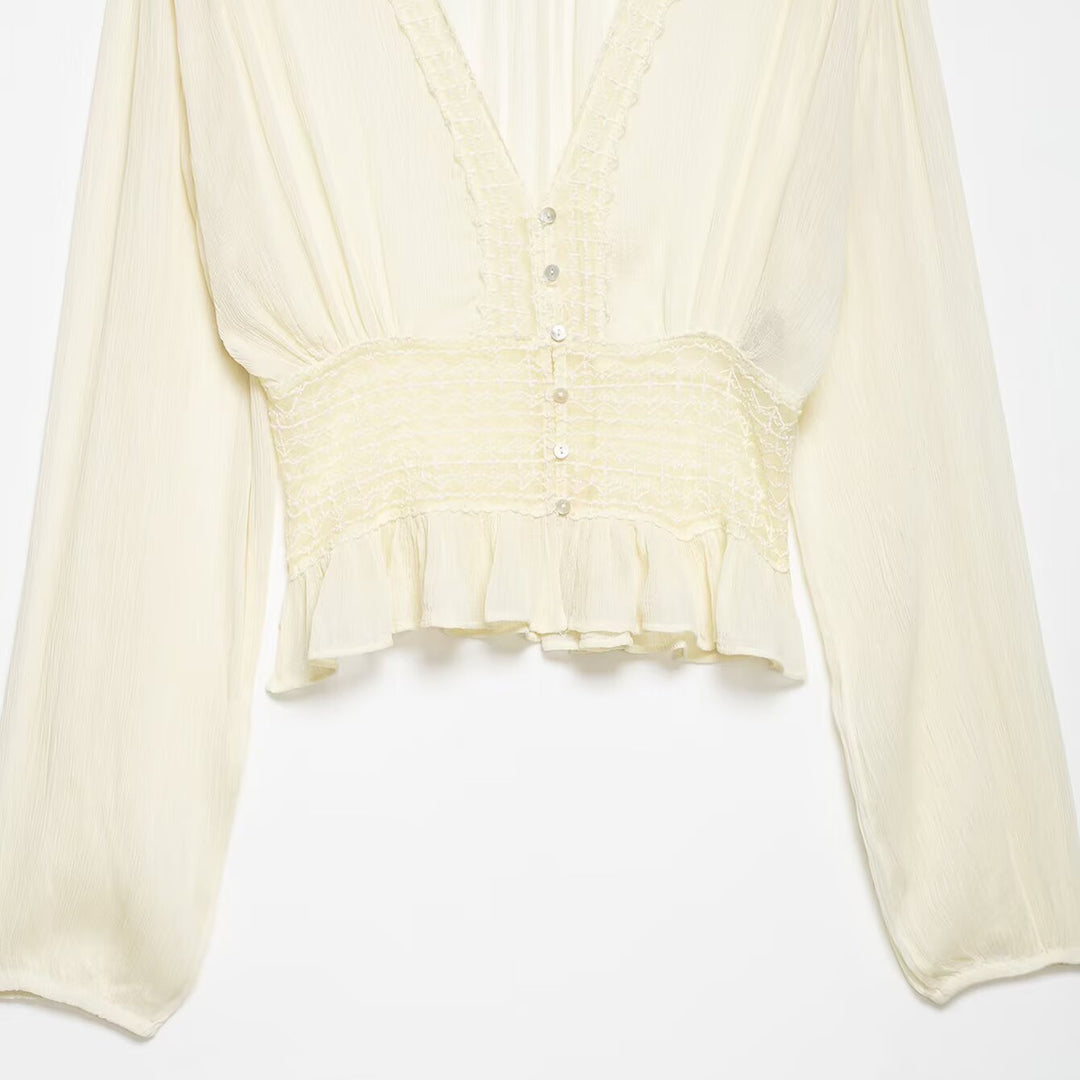 Women Light Blouse with V-Neck, Gathered Waist and Ruffle Hem