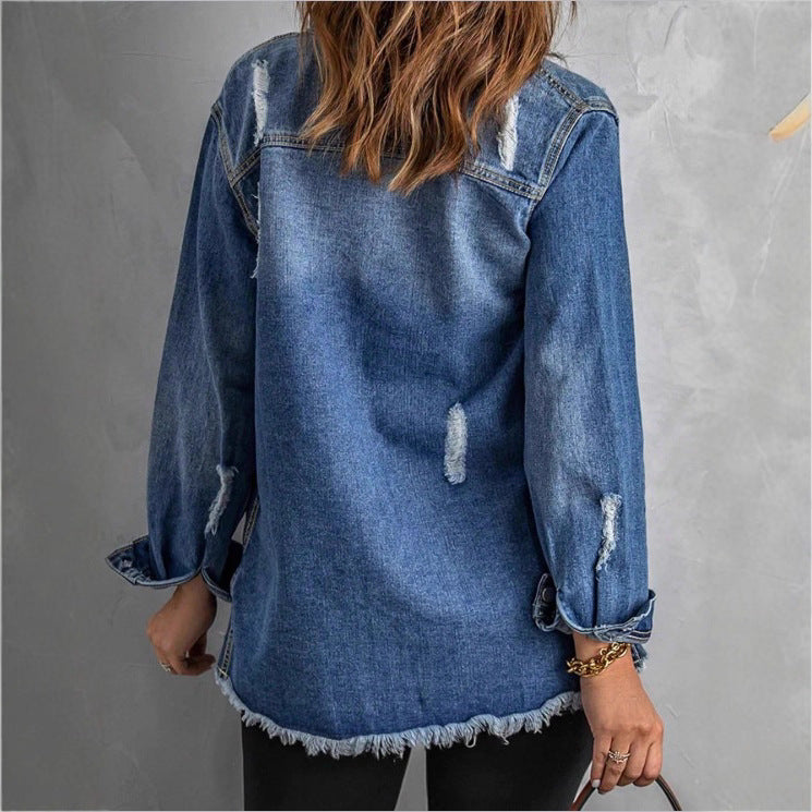 Women Casual Oversized Denim Jacket with Destroyed Details, Shirt Collar and Fringed Hem Amarae