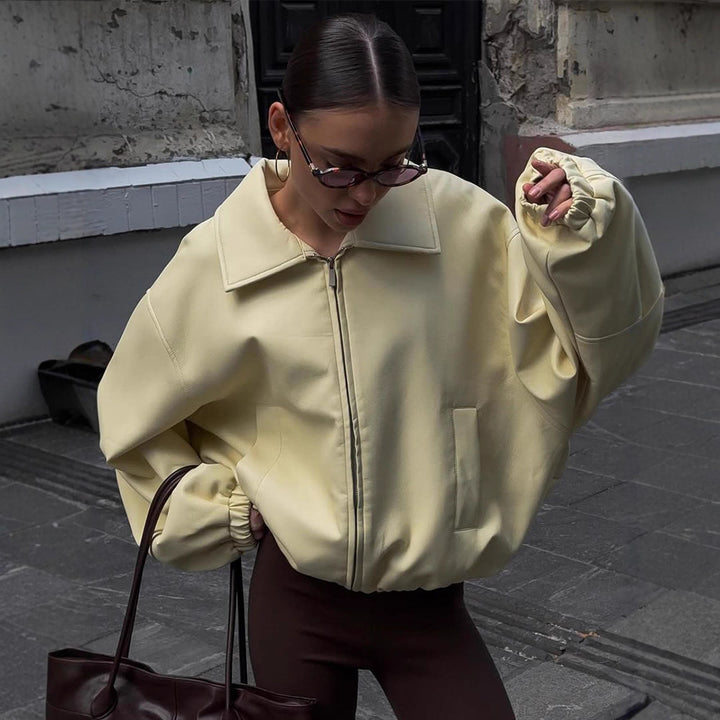 Women's Oversize Bomber Jacket with Oversized Balloon Sleeves and Zipper Amarae