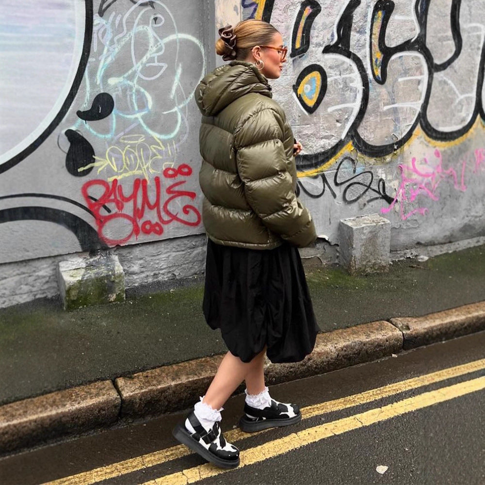 Women's Short Shiny Padded Jacket with Hood and Boxy Silhouette Amarae