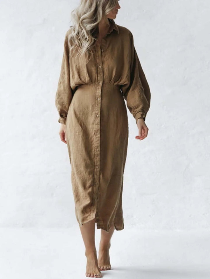 Women's long sleeve shirt dress with gathered waistband and elegant cuffs