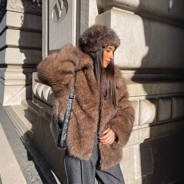 Women's Short Cut Voluminous Faux Fur Coat with Wide Shawl Collar Amarae