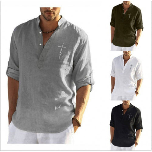 Casual linen shirt for men with a short stand collar and decorative button closure Amarae