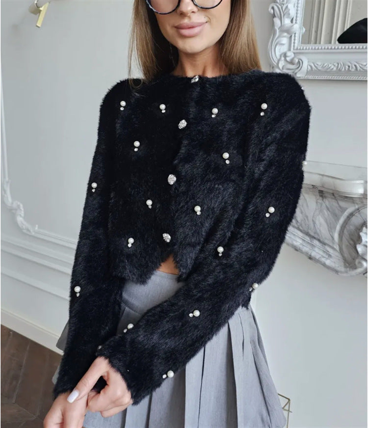 Ladies Plush Knit Sweater Jacket with Decorative Buttons and a Chic Elegant Cut