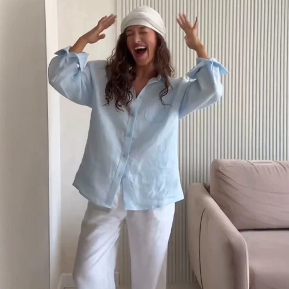 Women's Oversized Linen Shirt Blouse with Chest Pocket and Casual Fit Amarae