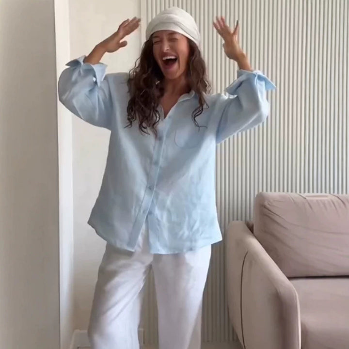 Women's Oversized Linen Shirt Blouse with Chest Pocket and Casual Fit Amarae