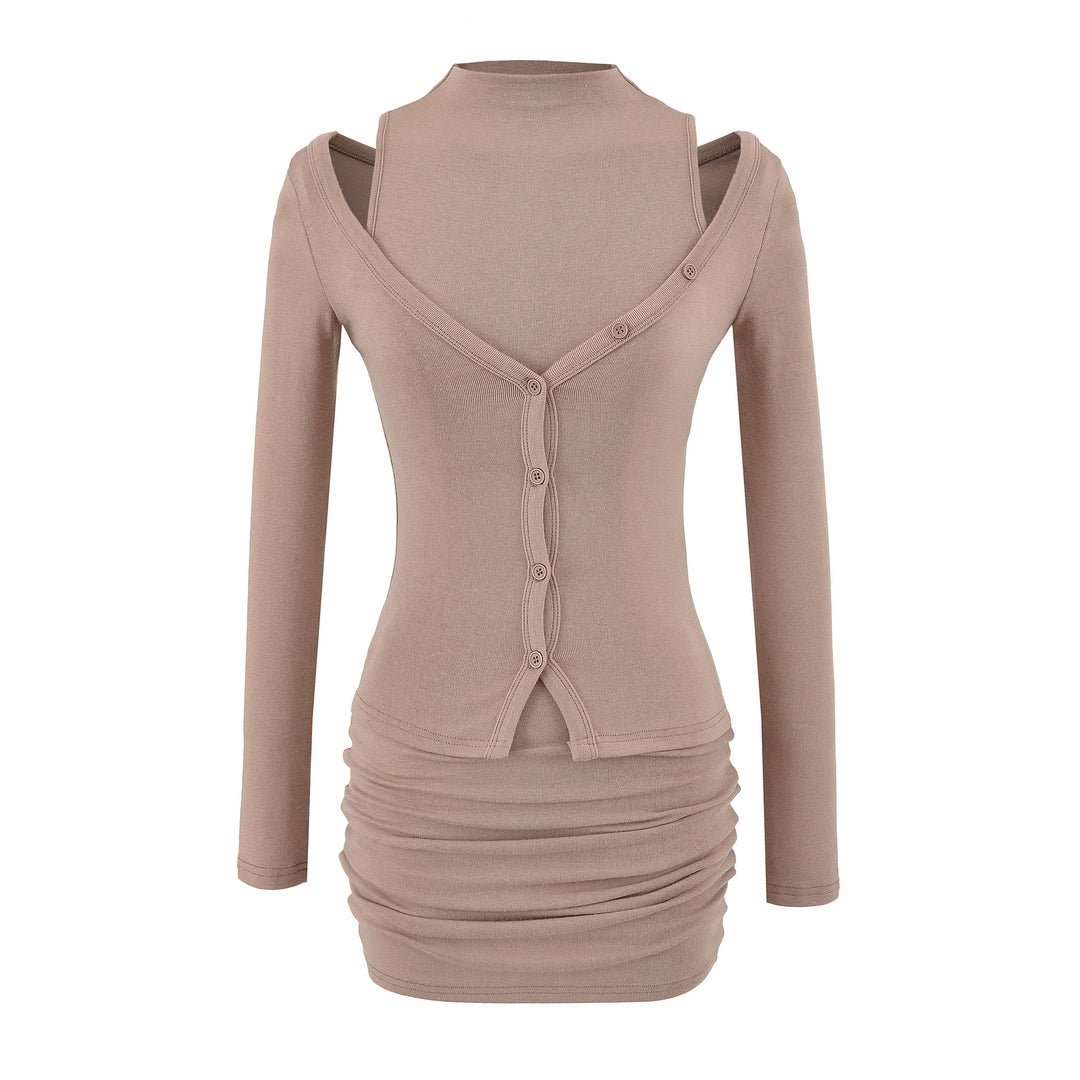Ladies two-piece knit set with integrated high neck vest and asymmetric button cardigan Amarae