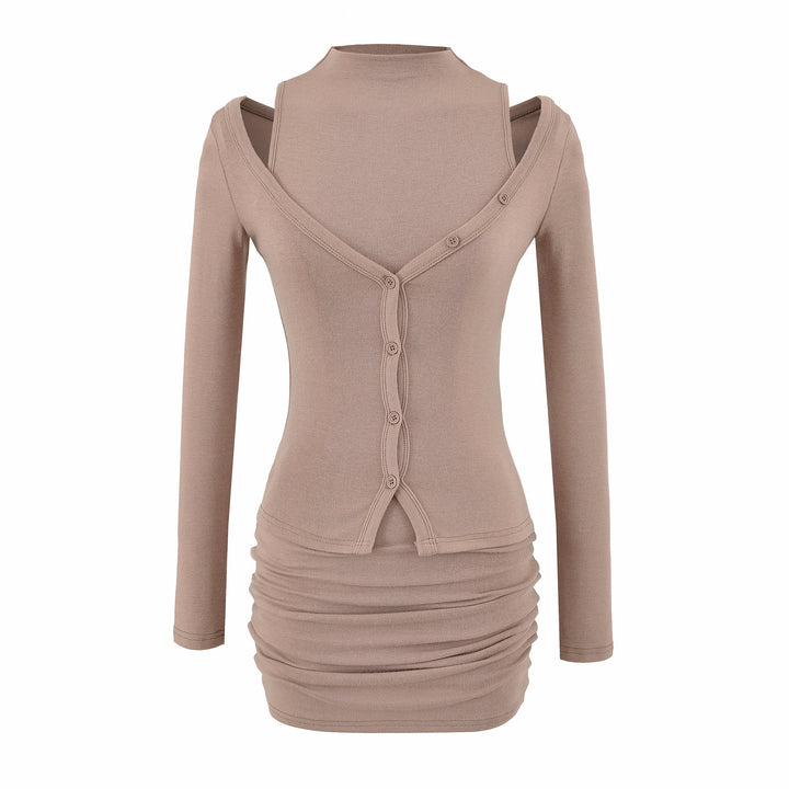 Ladies two-piece knit set with integrated high neck vest and asymmetric button cardigan Amarae