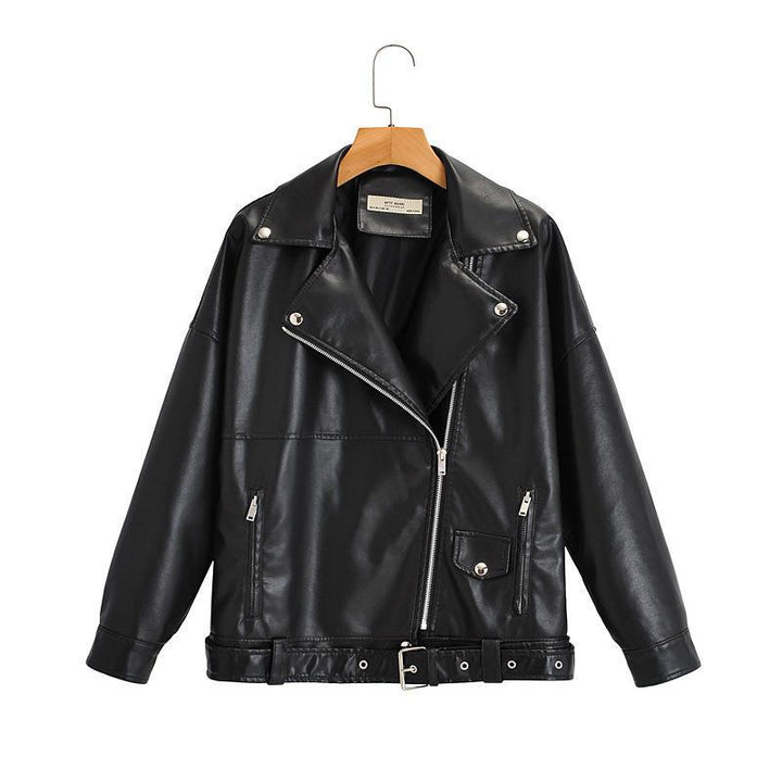 Oversized synthetic leather jacket for women with asymmetrical zipper and practical pockets Lune London