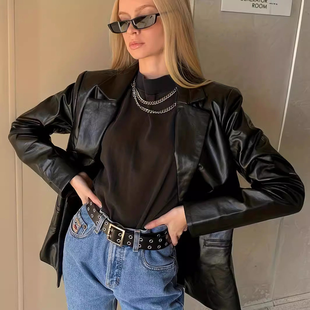 Women's Oversized Leather Look Blazer with Emphasized Shoulder Section and Glossy Finish Amarae