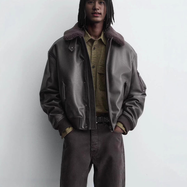 Men's Boxy Leather Blouson with Sherpa Collar and Arm Pocket Amarae