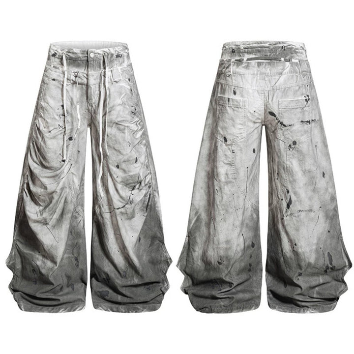 Women's High-Waisted Wide Culotte Pants with Draped Pleats, Drawstring and Speckle Print Amarae