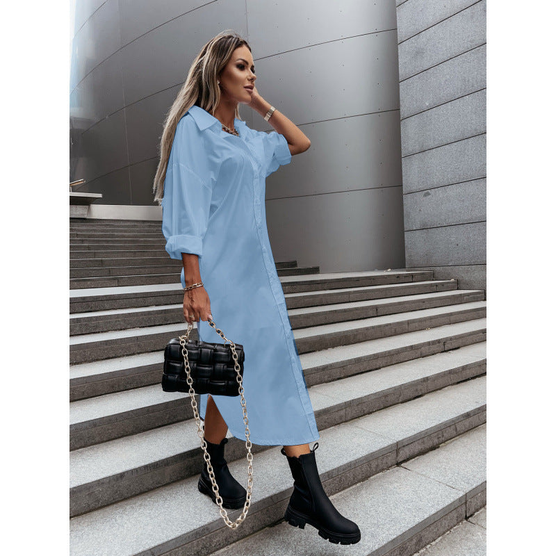 Women's Long Oversized Shirt Dress with Continuous Button Placket, Cuffed Sleeves and Deep Side Slit Amarae