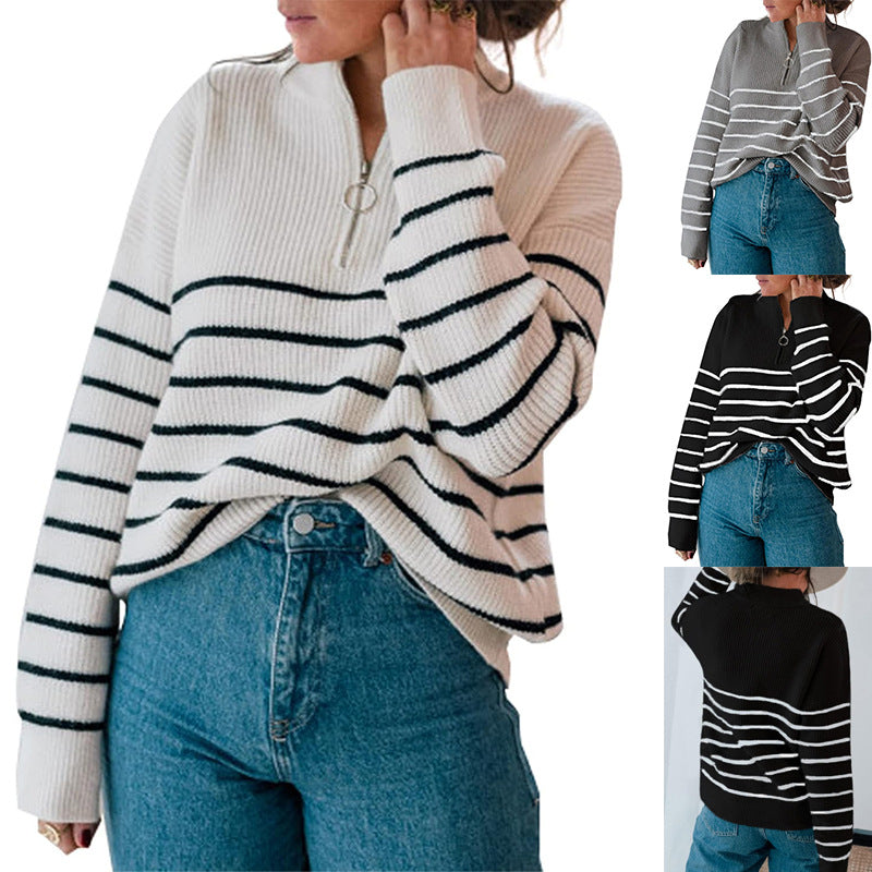 Striped women's sweater with half-zipper Lune London