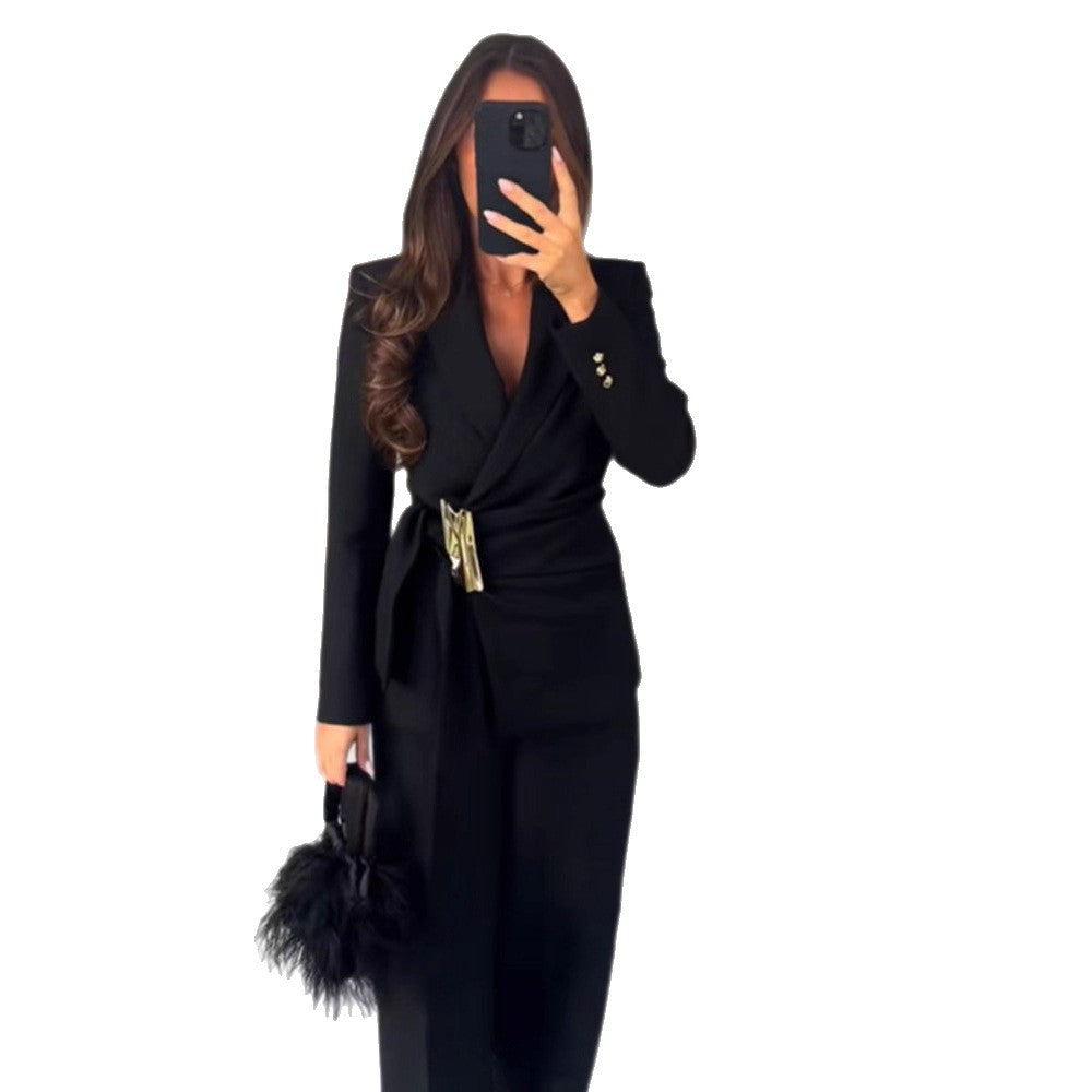 Women's Tailored Wrap Blazer with Decorative Metal Buckle & High-Waist Palazzo Pants Amarae