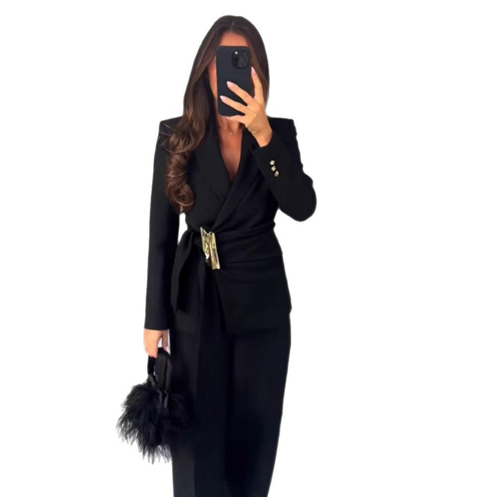 Women's Tailored Wrap Blazer with Decorative Metal Buckle & High-Waist Palazzo Pants Amarae