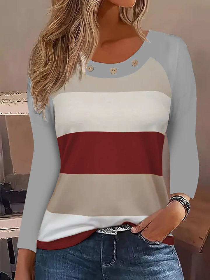 Long sleeve t-shirt for women with a trendy striped pattern and decorative buttons Lune London