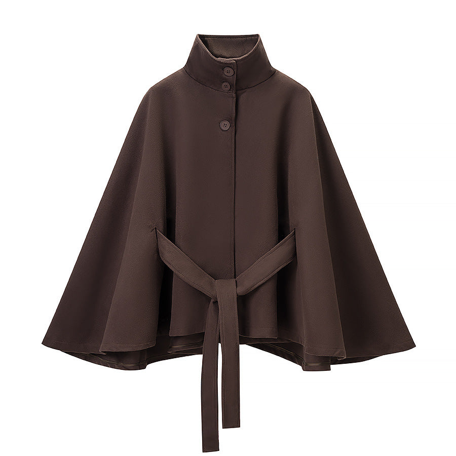 Women's short cape with stand-up collar, concealed button placket, and waist tie belt Amarae