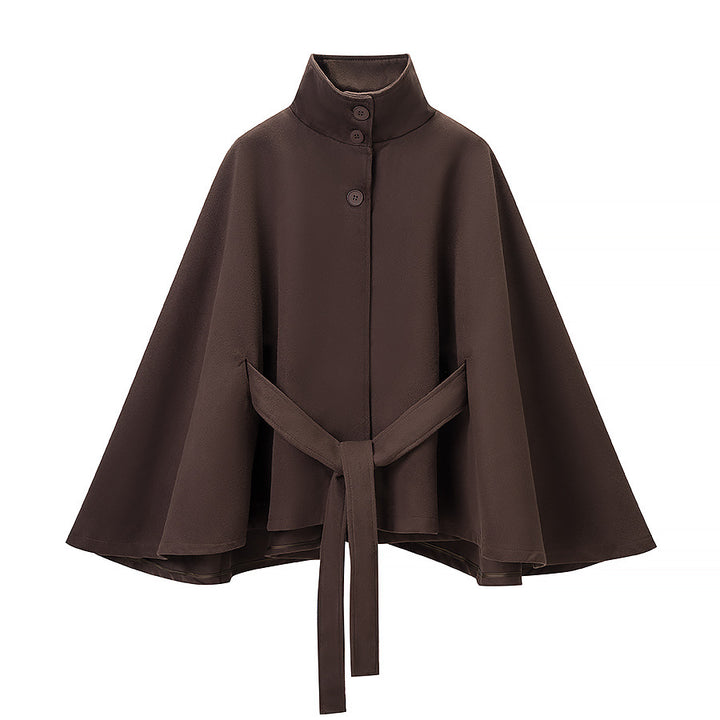 Women's short cape with stand-up collar, concealed button placket, and waist tie belt Amarae