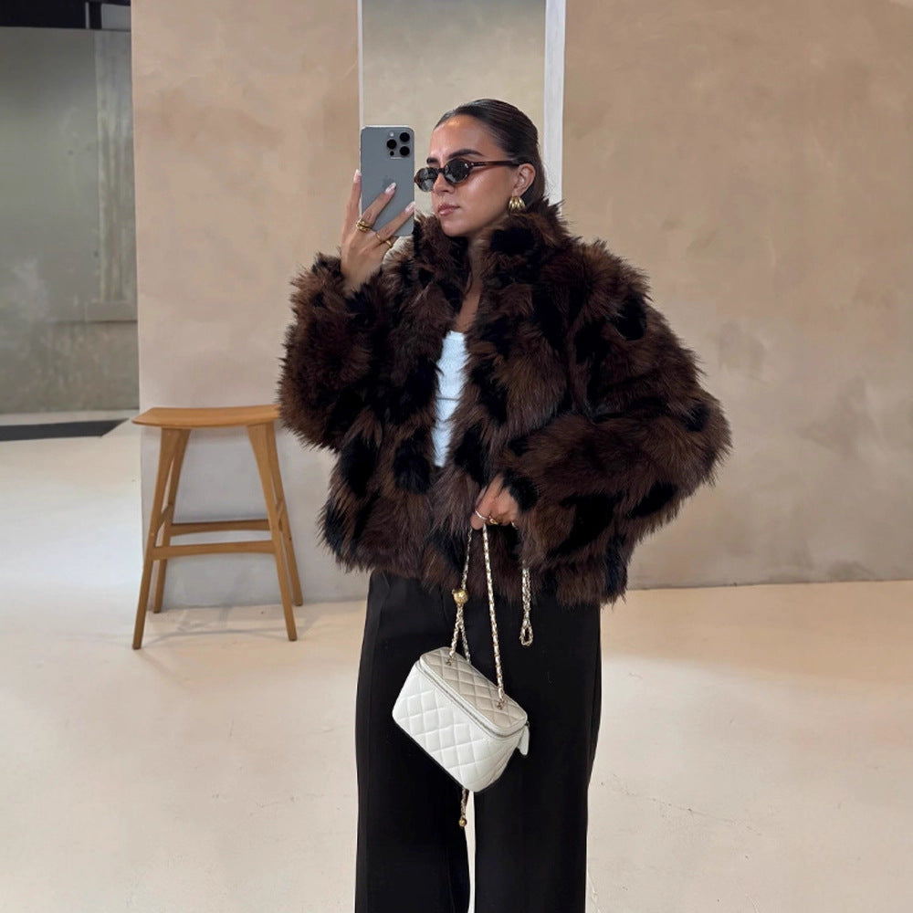 Women's Boxy Short Jacket made of Woven Fur with Natural Fur Look and Wide Shawl Collar Amarae