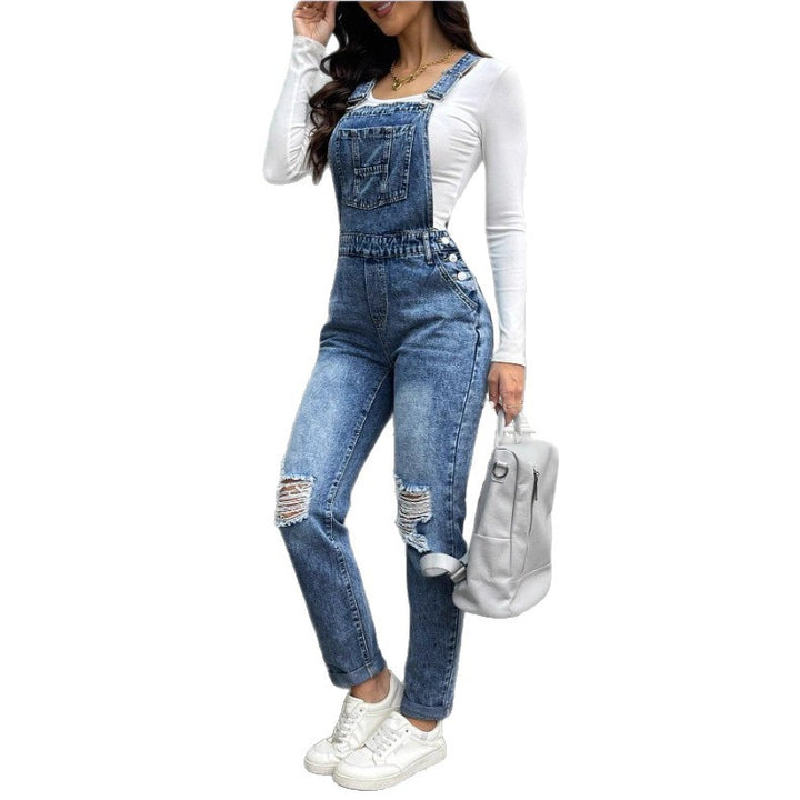 Women's denim dungarees with sculpting high waist, side decorative button plackets and ripped knee section Amarae