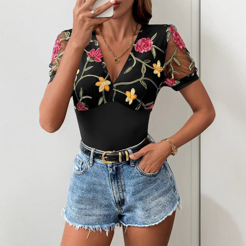 Women's Bodysuit with Floral Lace Trim and Deep V-Neck Amarae