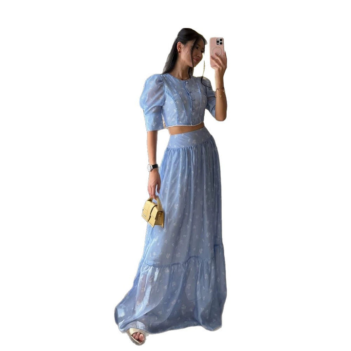 Women's Two-Piece Chiffon Set with Cropped Puff Blouse and Tiered Maxi Skirt Amarae