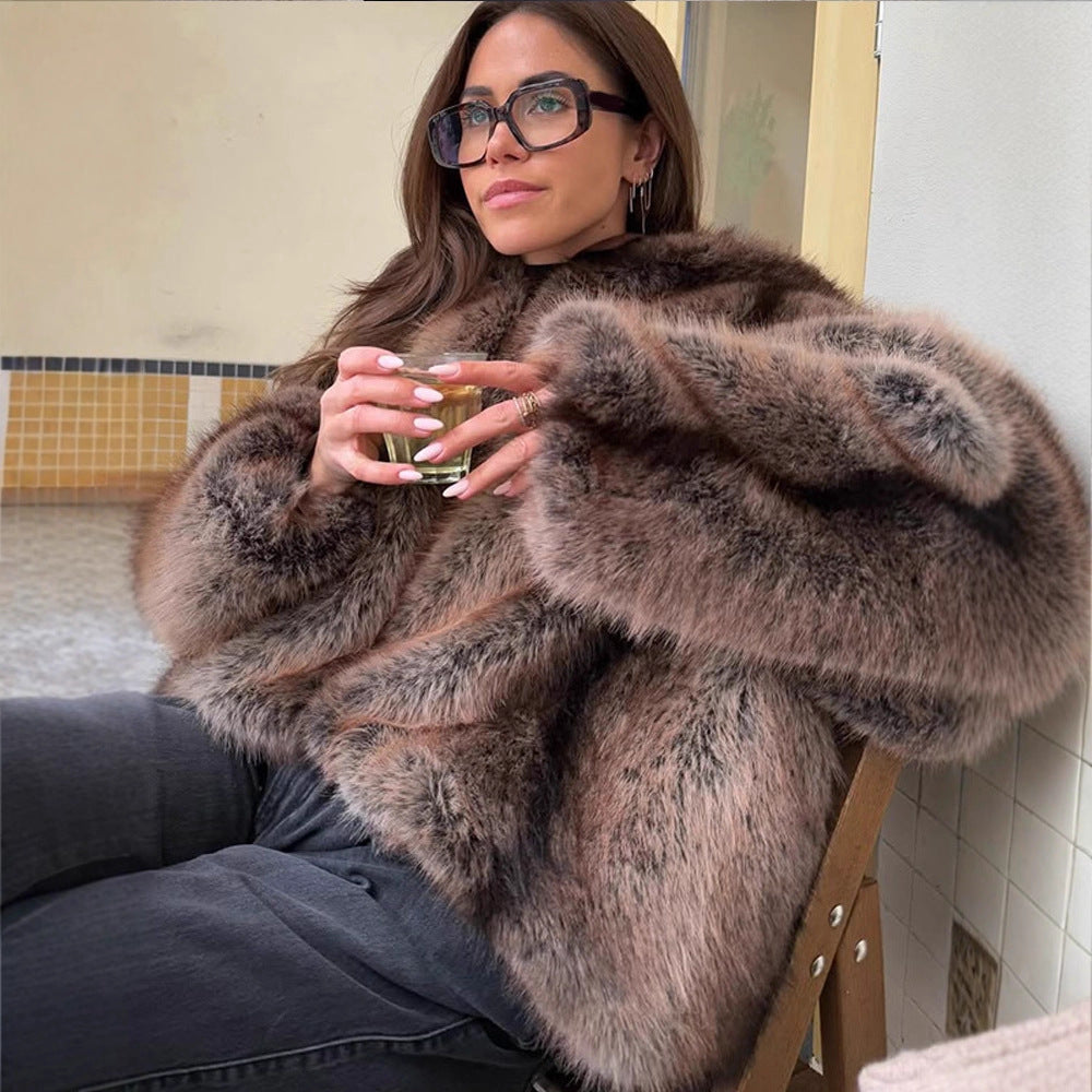 Women's Boxy Faux Fur Hoodie with Voluminous Hood and Loose Silhouette Amarae