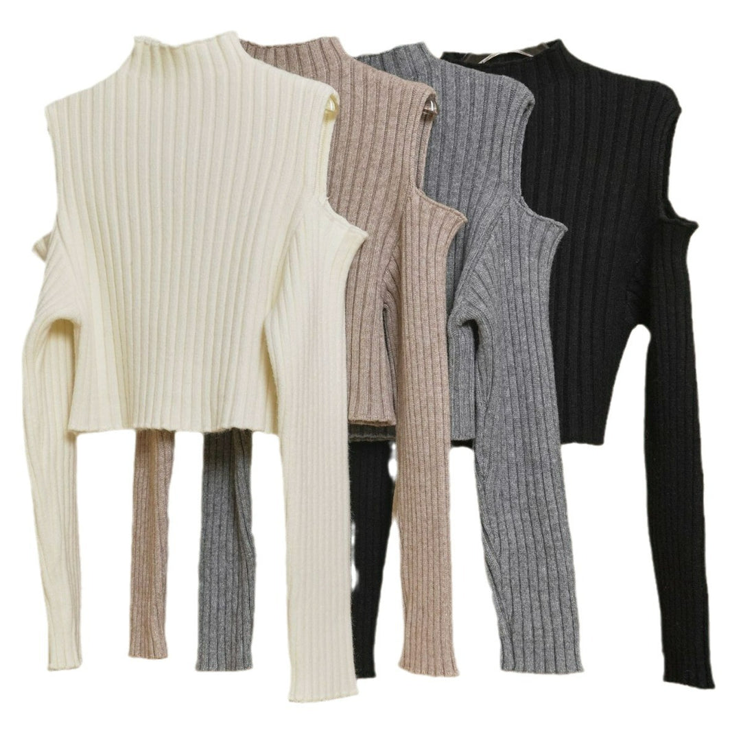 Women Shaping Ribbed Top with High Collar and Cut-Out Shoulder Amarae