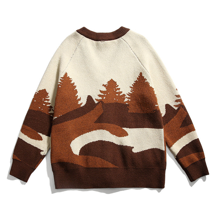 Unisex Chunky Knit V-Neck Cardigan with Landscape Jacquard Pattern and Patch Pockets Amarae