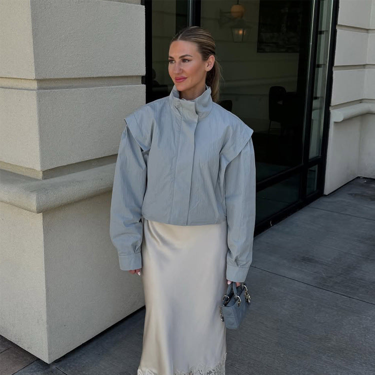 Ladies Cropped Transitional Jacket with Stand Collar and Emphasized Shoulder Area Amarae