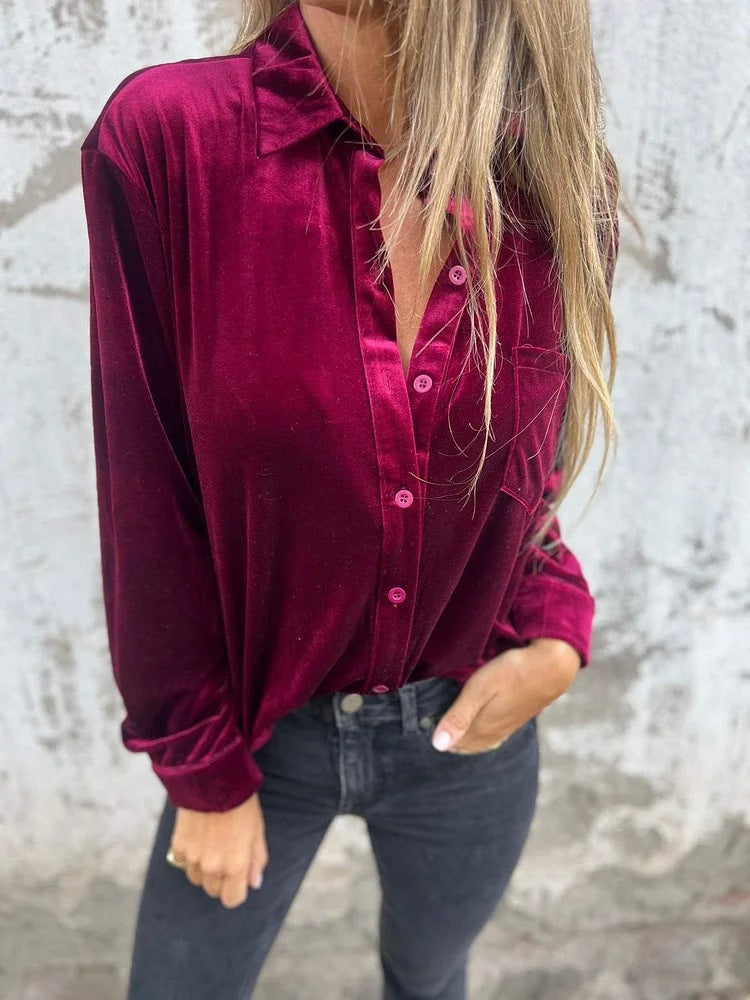 Women Elegant velvet blouse with classic shirt collar and long sleeves Lune London