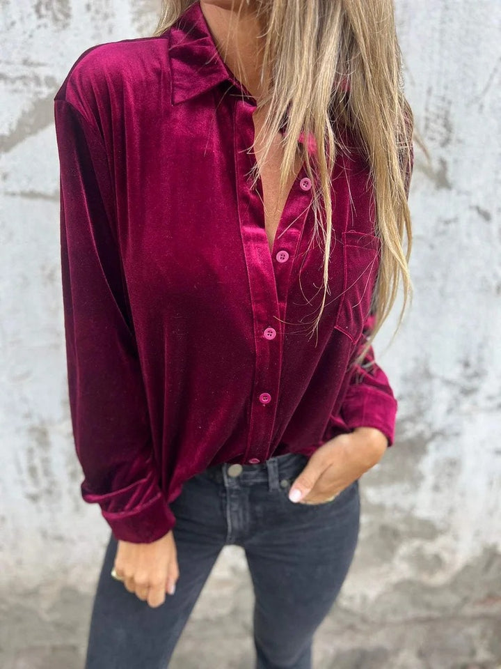 Women Elegant velvet blouse with classic shirt collar and long sleeves Lune London