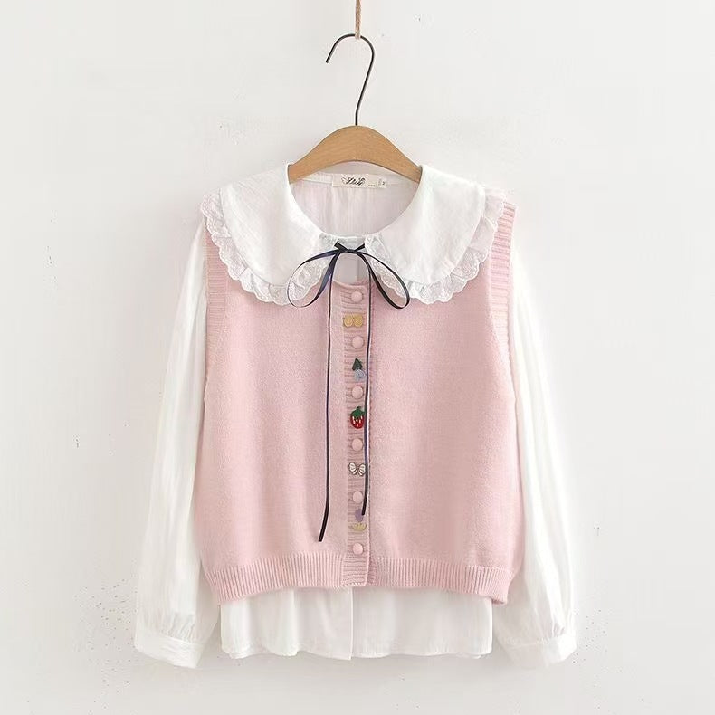 Knit blouse for women with decorative collar and handmade appliqués Lune London