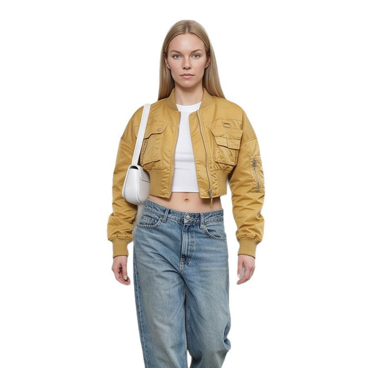 Women’s Short-Cut Utility Bomber Jacket with Practical Pockets and Ribbed Cuffs Amarae