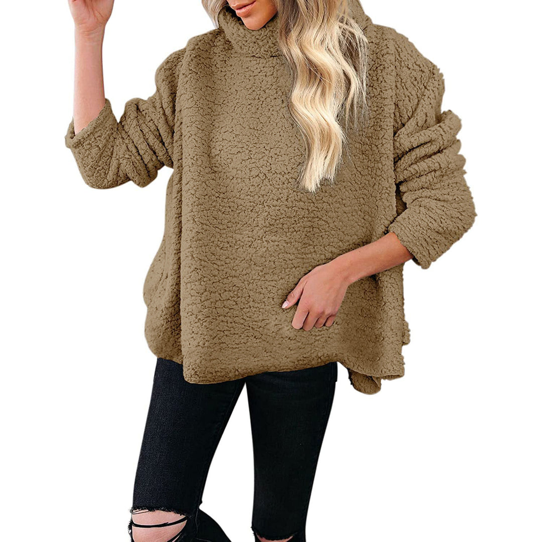 Women's Cozy Oversized Teddy Sweater with Stand-Up Collar and Curved Hem Amarae