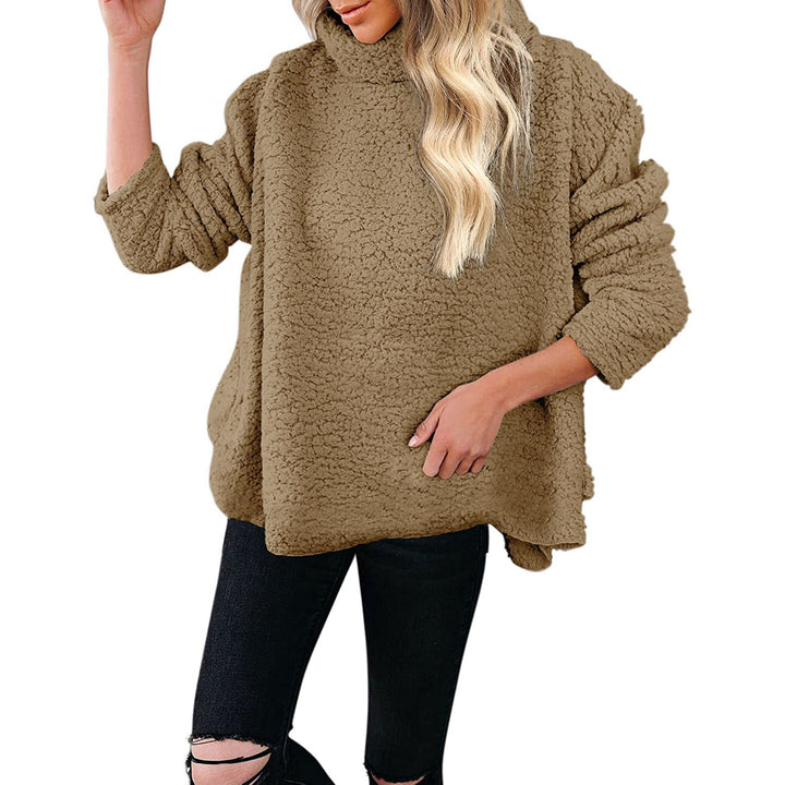 Women's Cozy Oversized Teddy Sweater with Stand-Up Collar and Curved Hem Amarae