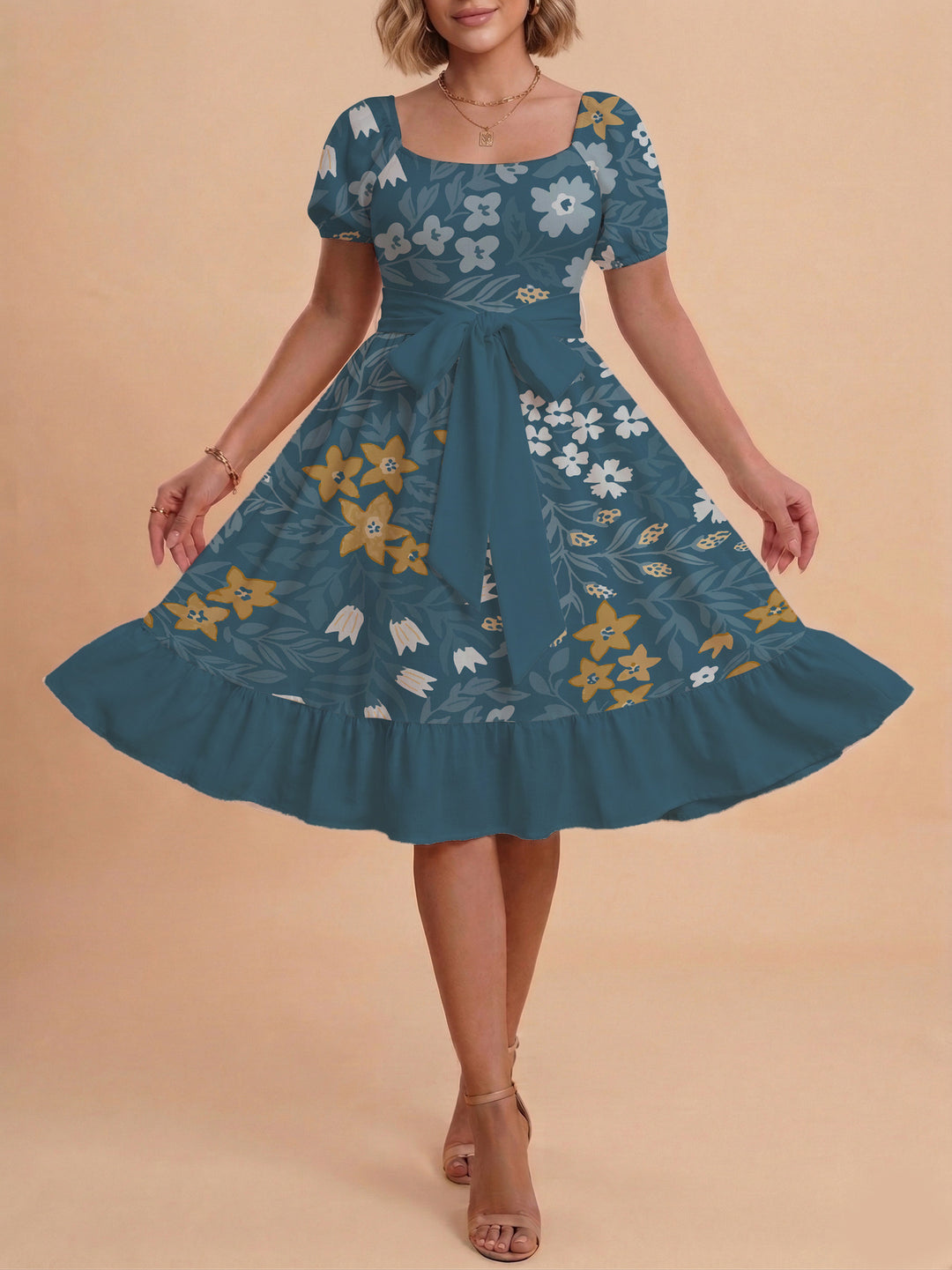 Women's floral dress with adjustable belt and voluminous sleeves Lune London