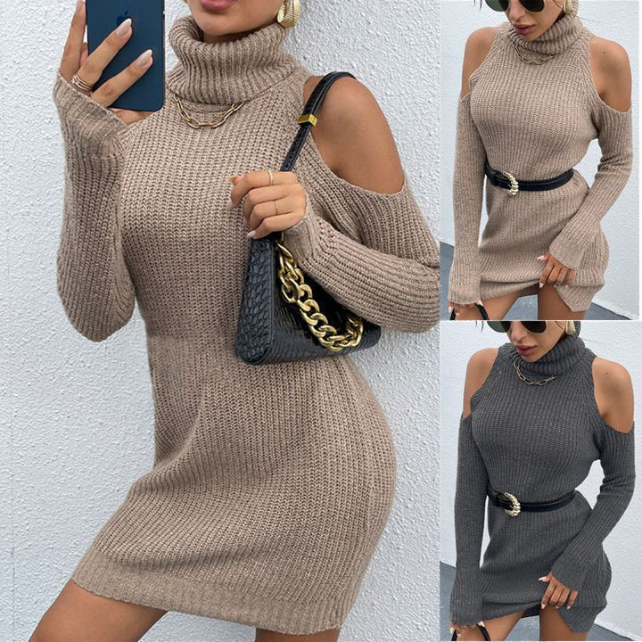 Ladies' knitted dress with an open shoulder design and a high collar Lune London