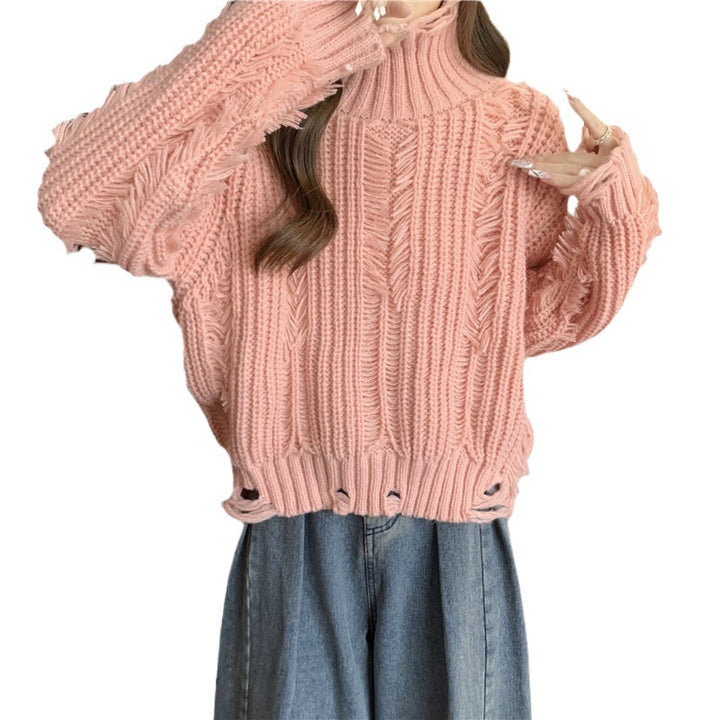 Trendy women's jumper with structured knit pattern and high collar Lune London